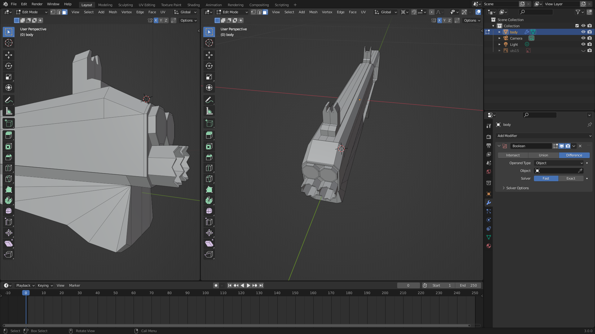 Blender with two viewports showing the unfinished double-barrel pump-action shotgun for one of our game projects