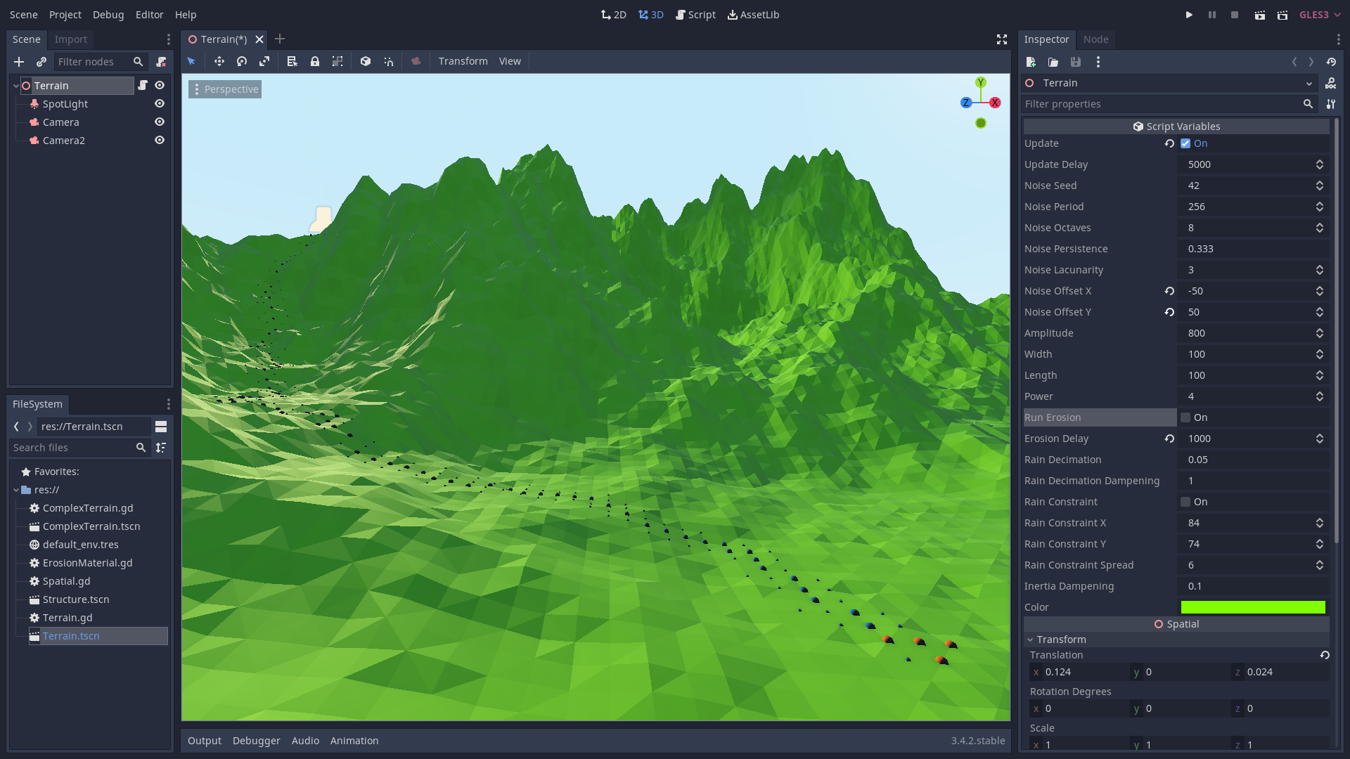 Godot running one of our terrain erosion experiments