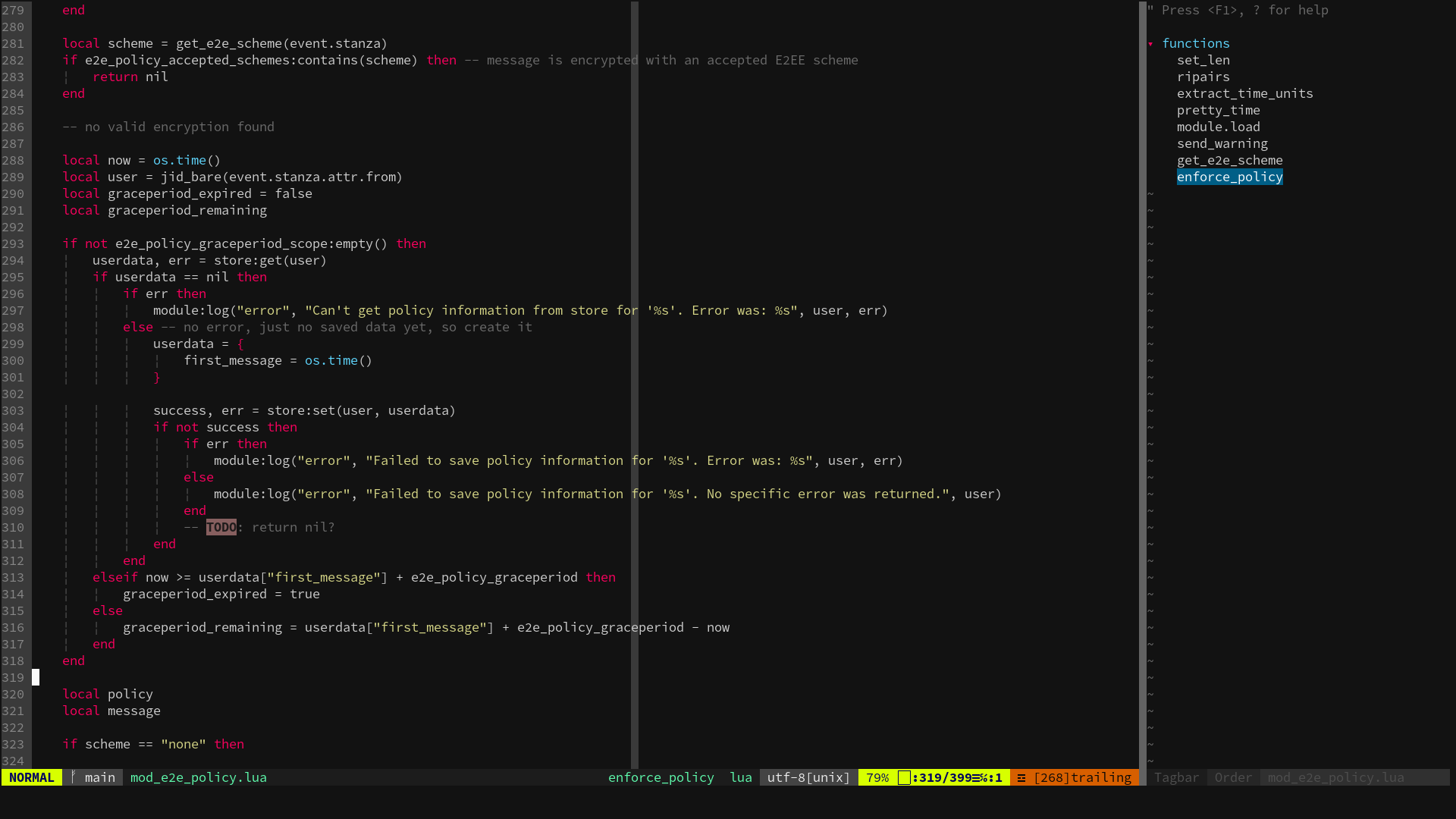neovim with plugins editing our version of the Prosody E2EE enforcement module